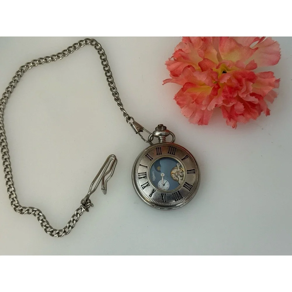 2002 Majesti Pocket‎ Watch with Inscription In Back As is Chain Silver Tone Blue